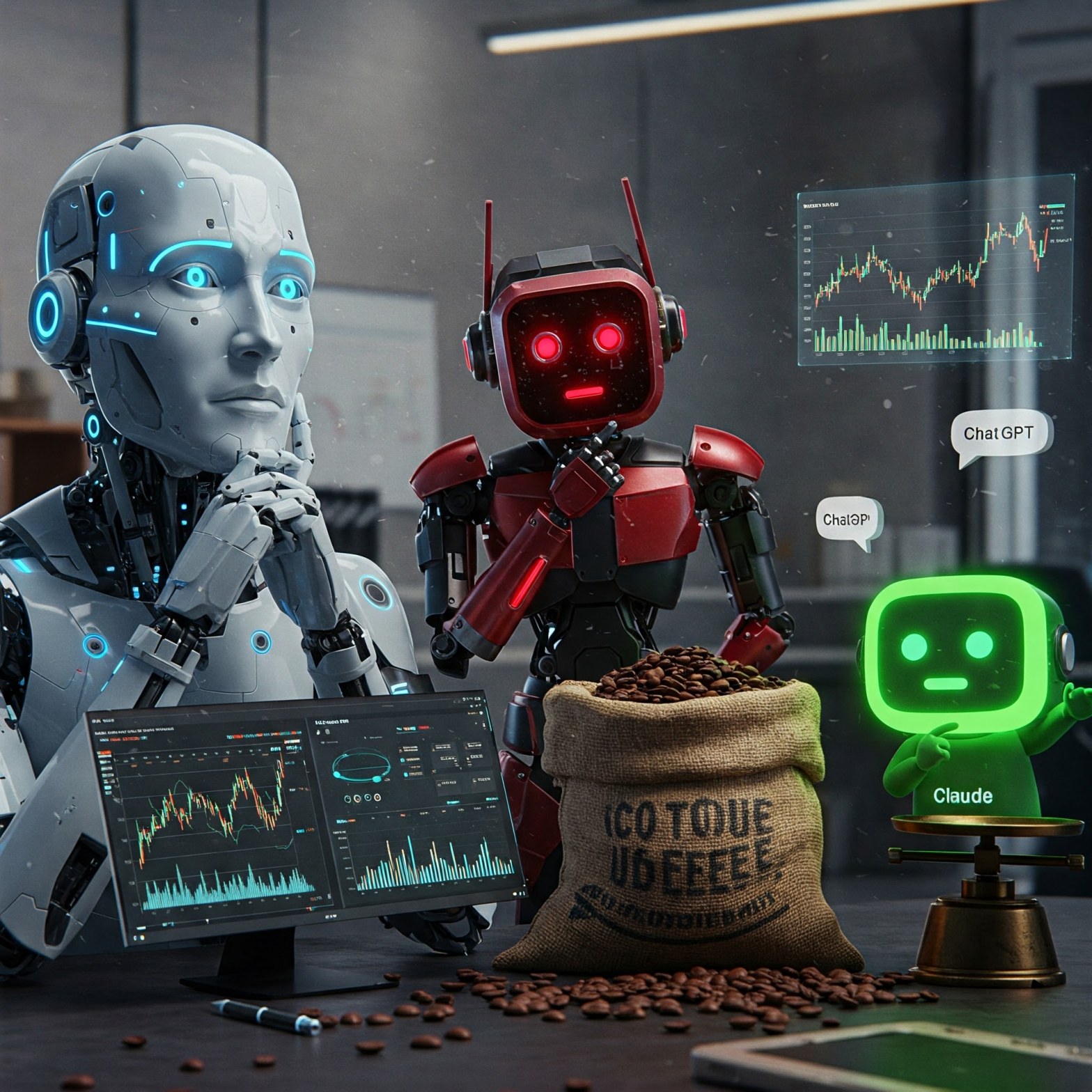 Gemini, Deepseek, ChatGPT and Claude in deep thought while trying to solve the price of the coffee beans.